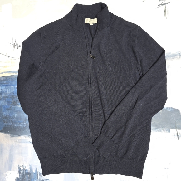 Canali Men's 100% Wool Full Zip Sweater Navy Blue 52 L